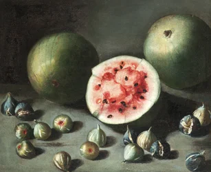 Pastèques et figues sur un rebord de pierre