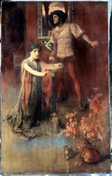 "La boule de cristal" Une femme est agenouillee devant une boule de cristal, un homme attend derriere elle avec un melange de peur et de curiosite. Peinture de Nelly Erichsen (active vers 1882-1893) Collection privee