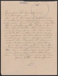Lettre de Nelson Jordan à Julia Womack avec une enveloppe, 16 novembre 1909