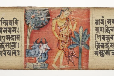 Sudhana voyageant à travers un paysage rocheux avec deux taureaux, du Gandavyuha