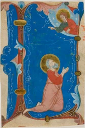 Saint priant (Moïse ?) avec le Christ dans une initiale historiée "L", d