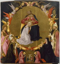 Le Couronnement de la Vierge avec des anges et quatre saints. Vers 1470