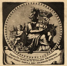 Figure allégorique de la Frise et de Groningue avec des armoiries