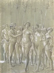 Cinq soldats nus tenant des bâtons, deux portant un casque, et trois femmes nues, 1522