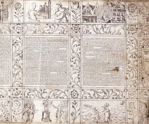 Manuscrit enluminé en écriture séfarade, montrant des scènes de la vie hollandaise et de la Bible avec des cartouches floraux, XVIIe siècle