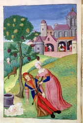 Ms. 324 f. 44v. Alcithoé, Pyrame et Thisbé, le mûrier change de couleur, des Métamorphoses d