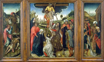 La Déposition, flanquée par (G) Adam et Ève pleurant Abel et (D) Le Manteau de Joseph montré à Jacob, triptyque, c.1470