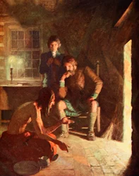 La Longue Pensée indienne dans une maison de colons (lithographie en couleur)