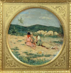 Assiette peinte avec des figures de bergers, par Niccolo Cannicci, vers 1880