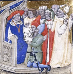 Un cardinal jugeant un évêque, accusé par deux laïcs, c.1380