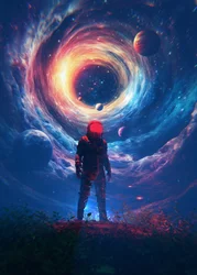 Un astronaute face à un portail cosmique
