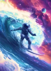 Un astronaute surfe sur une vague cosmique
