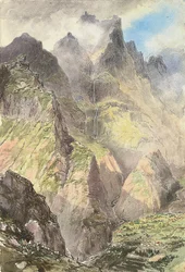 Le Grande Curral, Madère, avec un groupe de touristes au premier plan, le Pico Grande au-delà (aquarelle sur papier)