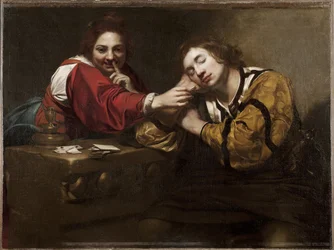 Scène de bonne aventure (un dormeur réveillé par une jeune femme)