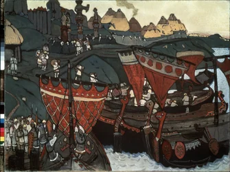 Les Slaves sur le Dniepr : varègues (ou Rus) empruntant le fleuve. Œuvre de Nicholas Roerich