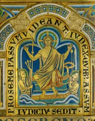 Le Christ siège en jugement, les saints portent les instruments de sa passion ... (émail sur cuivre doré)