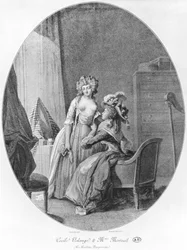 Madame de Merteuil séduisant Cécile Volange, illustration tirée des « Liaisons dangereuses » de Pierre Choderlos de Laclos (1741-1803), gravée par Romain Girard (né vers 1751), 1782