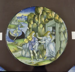 Orphée et Eurydice aux portes des Enfers, plaque en maïolique, par Nicola Pellipario d