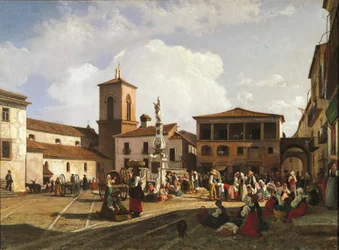 Benevento (Région de Campanie), Place Orsini avec le clocher de la cathédrale et la fontaine dédiée au Pape Orsini