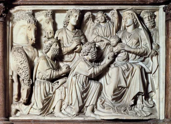 Adoration des Mages, carreau du pupitre avec scènes de la vie du Christ