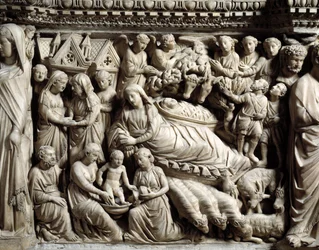 Art et architecture gothiques : Visitation et Nativité - détail des bas-reliefs de la chaire en marbre que Nicola Pisano (1215/20-1278/84) a réalisée entre 1266 et 1268 (détails de la chaire en marbre, Visitation et Nativité), cathédrale