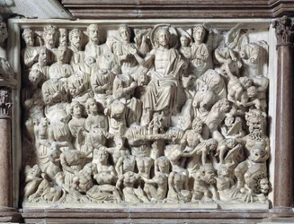 Le Jugement dernier. Chaise réalisée par Nicola Pisano, 1215/20-1278/84. 1260. Baptistère Saint-Jean de Pise, Italie