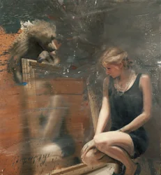 Femme dans le miroir avec babouin
