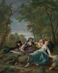 Scène de genre avec jeunes couples élégants dans un paysage