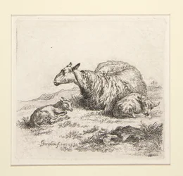2 gravures de La série des moutons avec la bergère et les moutons, la soi-disant Femme