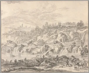 Paysage avec cascades et ponts, paysans au premier plan