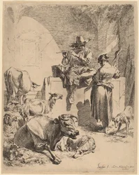 Le berger assis sur une fontaine et la fileuse