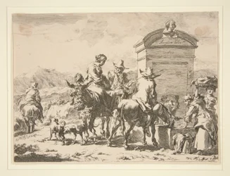 Sans titre - Scène de genre avec des gens sur des ânes et une pierre tombale