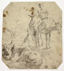 Femme et enfant sur un âne, homme, chiens, chevaux