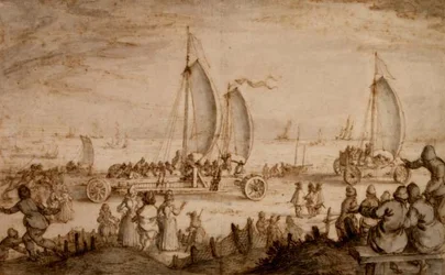 Les yachts terrestres de Prins Maurits de Nassau sur la plage de Scheveningen, vers 1614-15