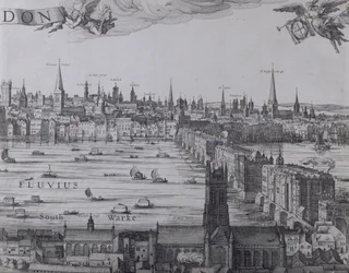 Panorama de Londres et de la Tamise, troisième partie montrant Southwark, London Bridge et les églises de la ville, vers 1600