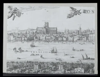 Panorama de Londres et de la Tamise, partie deux montrant la cathédrale Saint-Paul et le théâtre du Globe, c. 1600