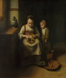 Une femme épluchant des panais, avec un enfant à ses côtés