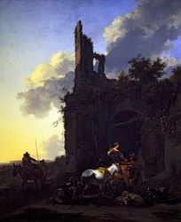 Paysage italianisant avec paysans devant une auberge