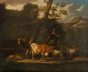 Bergère avec des vaches sous un arbre