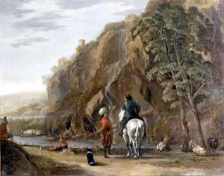 Paysage italianisant avec des figures et un cheval sur une route