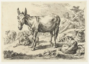 Paysage avec âne, moutons, chèvre et bergers
