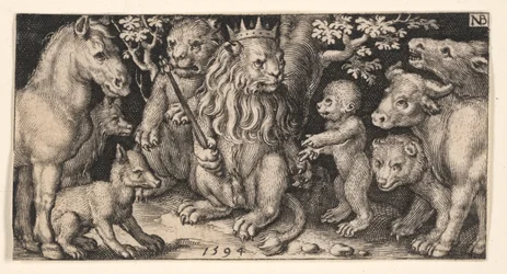 Lion couronné de Chimères de combat et scènes des Fables d