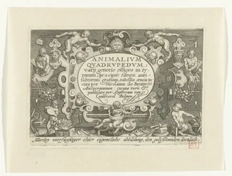 Page de titre avec titre dans une cartouche entourée de singes travaillant comme orfèvres (Animalivm qvadrvpedvm) (Animaux dans des paysages)