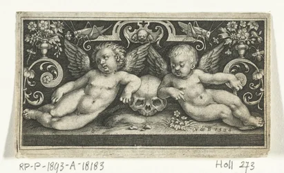 Deux enfants se battant, chevauchant des boucs, flanqués d