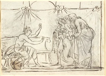 Scène antique. Un héros couronné assis parle à un groupe de quatre figures, dont une petite fille et un vieil homme