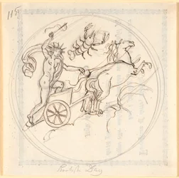 Apollon conduisant son char solaire vers le haut; en haut le signe du Cancer; encadré en cercle; représentant le jour le plus court