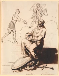 Ariosto, assis avec un luth, à ses pieds des armes, en arrière-plan Amour entraîne un homme