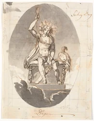 Jour, homme assis avec une auréole rayonnante et des flèches