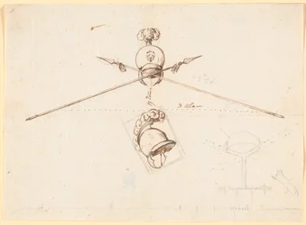Esquisse décorative. Un casque et deux lances croisées, etc.