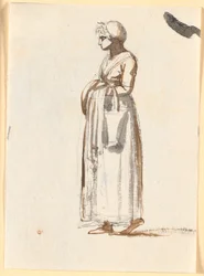 Une femme marchant vers la gauche avec un panier sur le bras